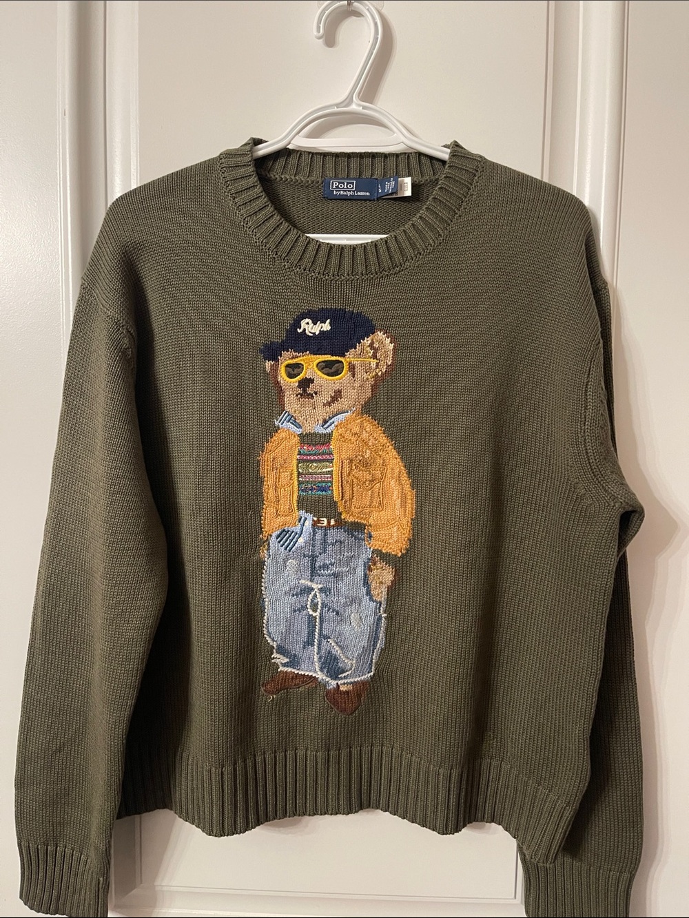 Polo by Ralph Lauren Olive Green Crewneck Sweater with Bear Motif